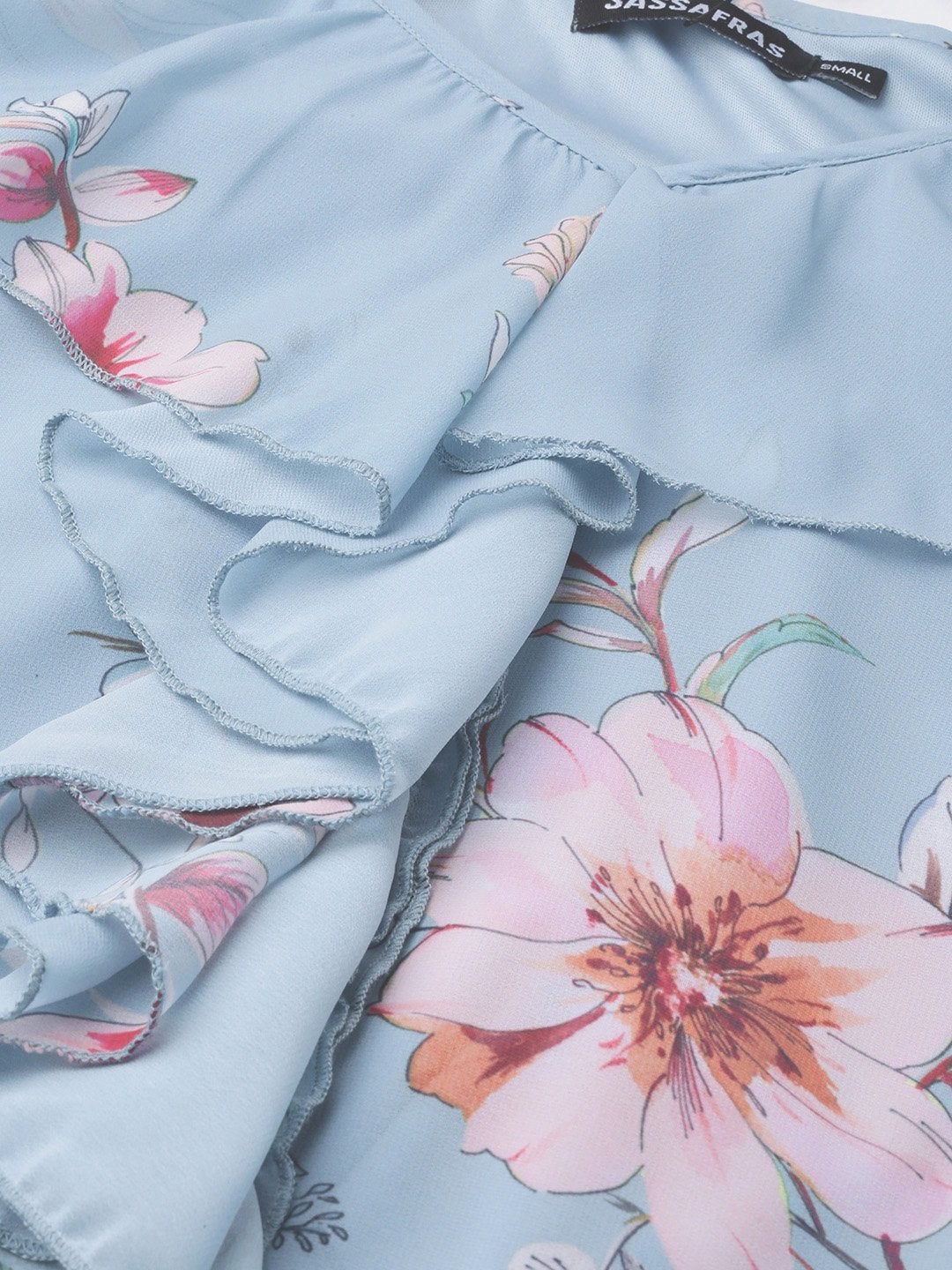 Women's Pale Blue Floral Cascading Ruffles Top