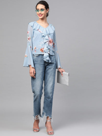 Women's Pale Blue Floral Cascading Ruffles Top