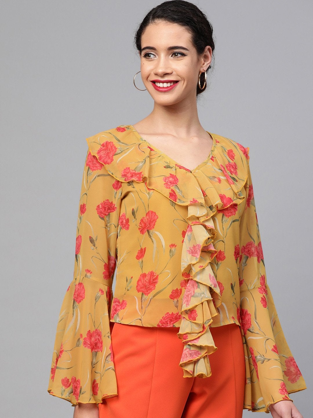 Women's Mustard Floral Cascading Ruffles Top