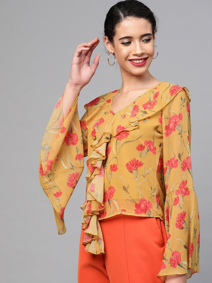 Women's Mustard Floral Cascading Ruffles Top
