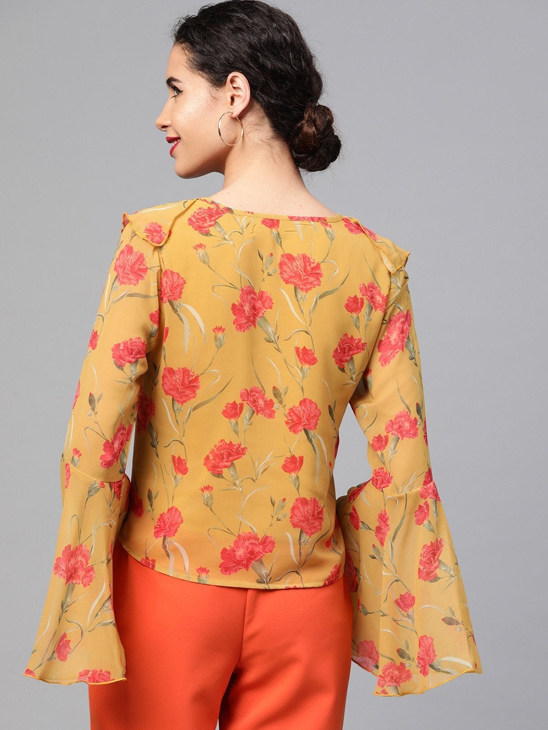 Women's Mustard Floral Cascading Ruffles Top