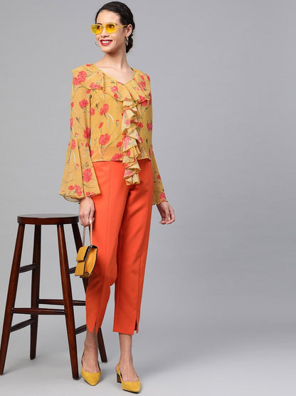 Women's Mustard Floral Cascading Ruffles Top