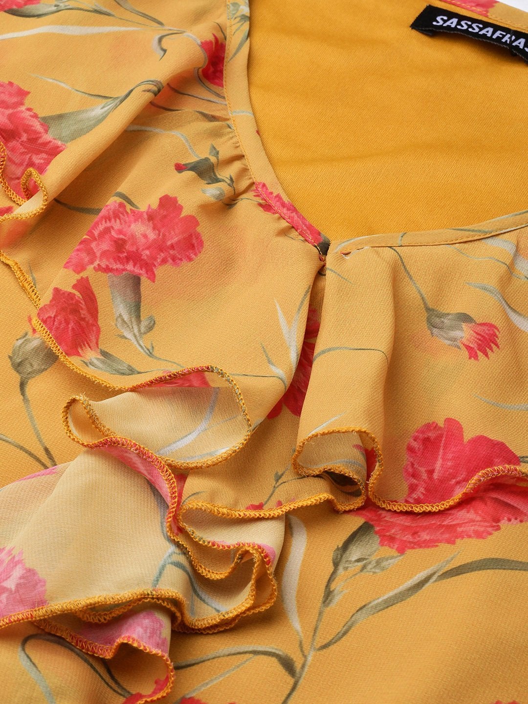 Women's Mustard Floral Cascading Ruffles Top