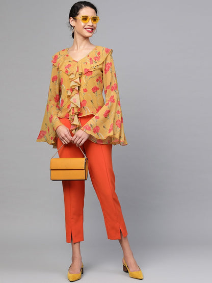 Women's Mustard Floral Cascading Ruffles Top