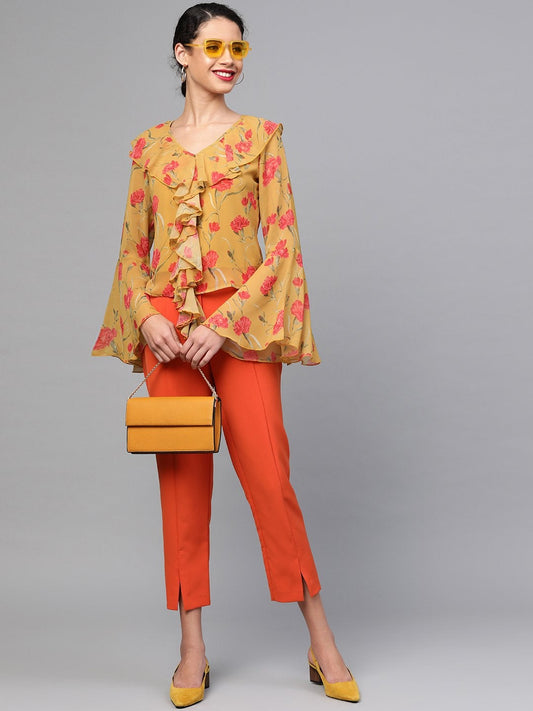 Women's Mustard Floral Cascading Ruffles Top