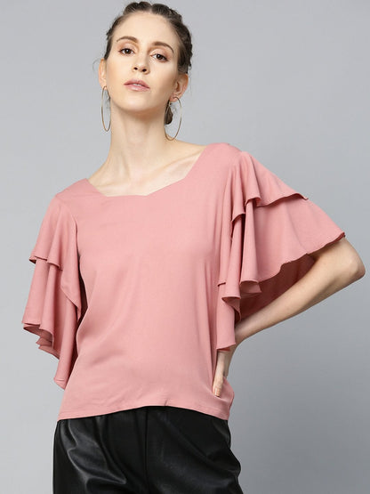 Women's Dusty Pink Frilly Sleeve Back Detail Top