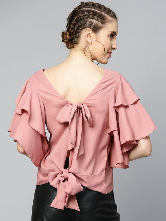 Women's Dusty Pink Frilly Sleeve Back Detail Top
