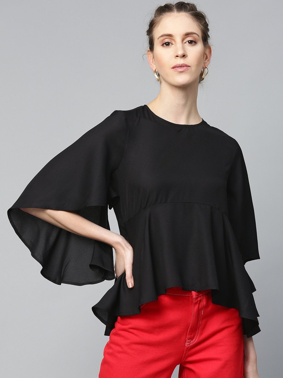 Women's Black Flared Sleeve Cape Top