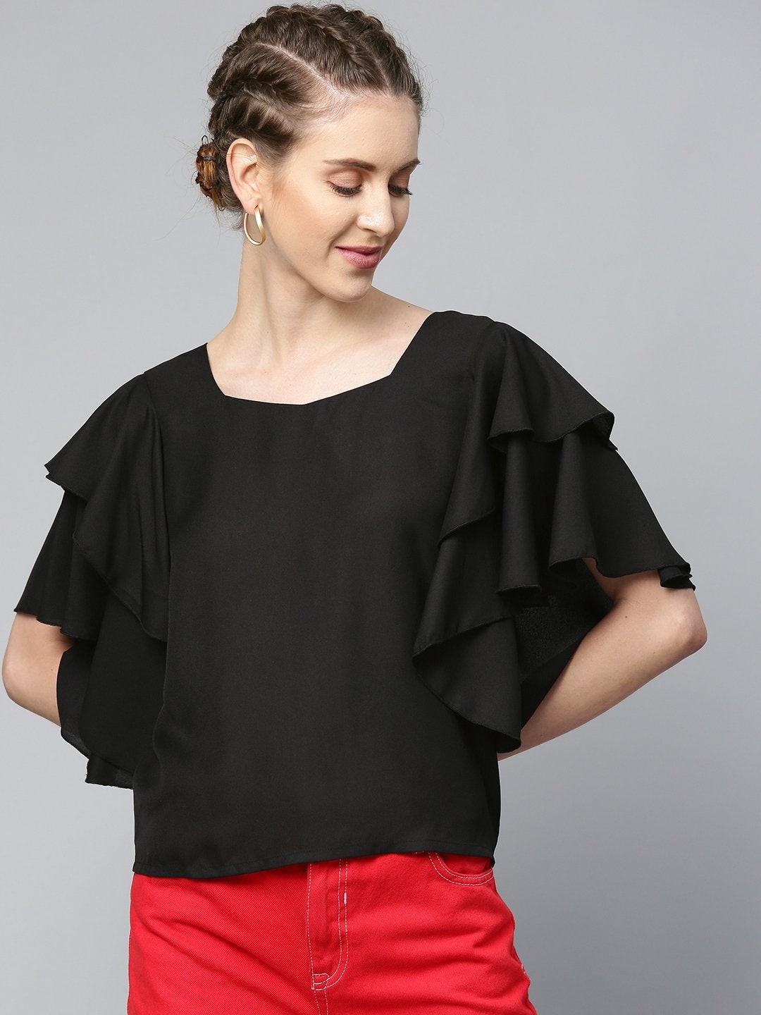 Women's Black Frilly Sleeve Back Detail Top