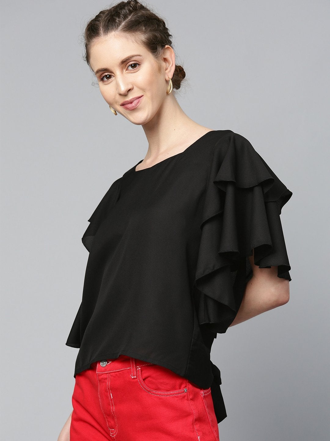 Women's Black Frilly Sleeve Back Detail Top