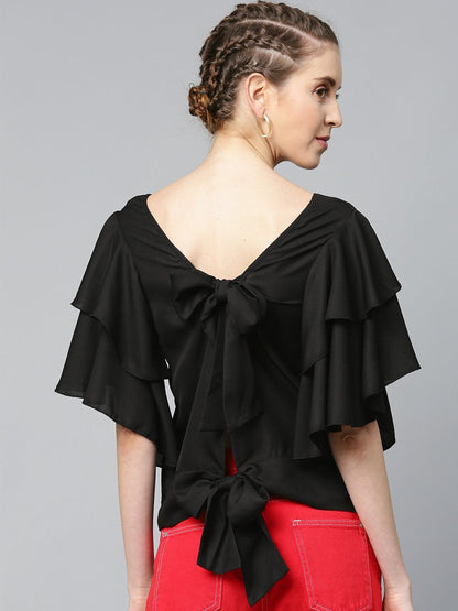 Women's Black Frilly Sleeve Back Detail Top
