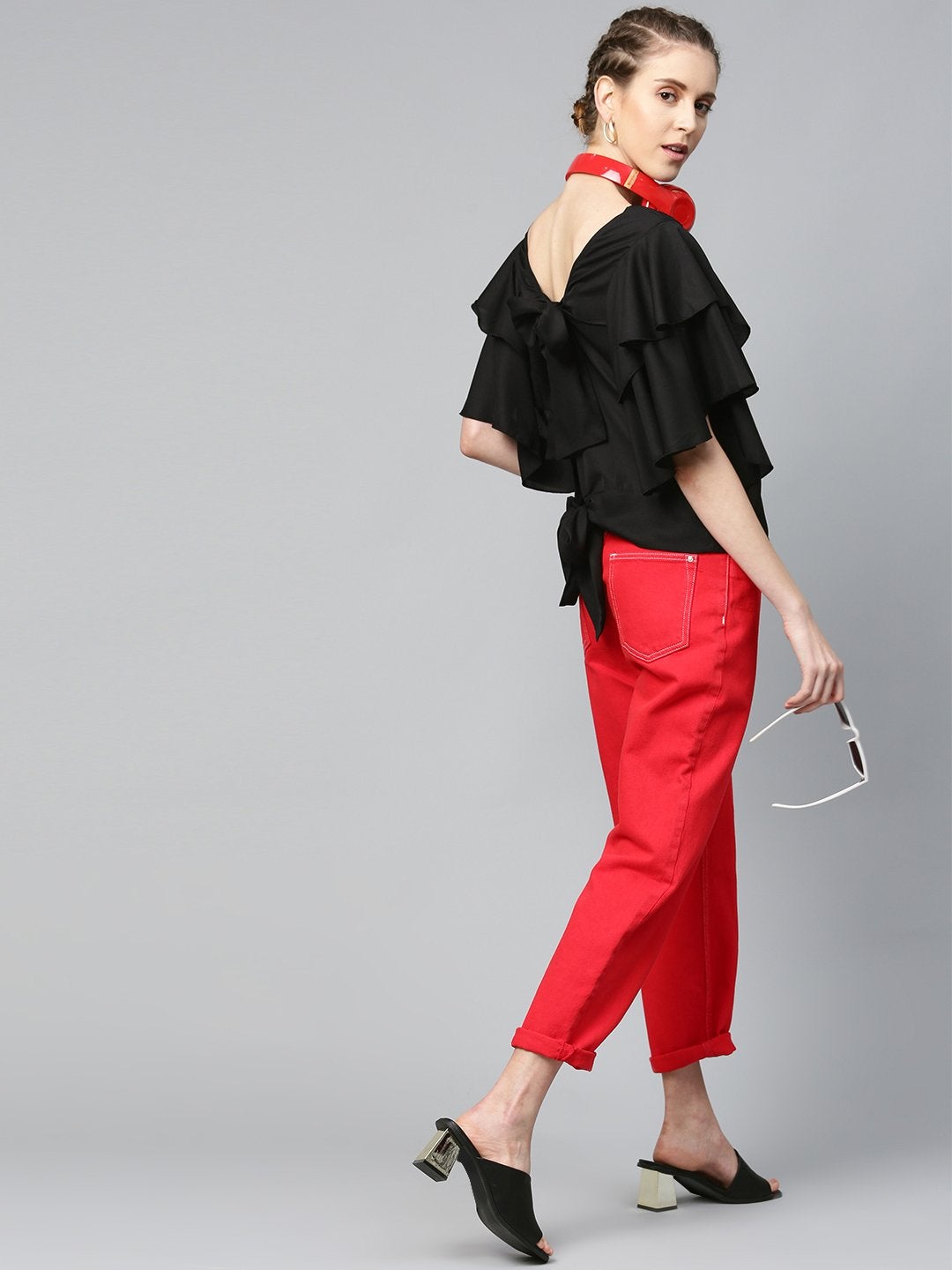 Women's Black Frilly Sleeve Back Detail Top