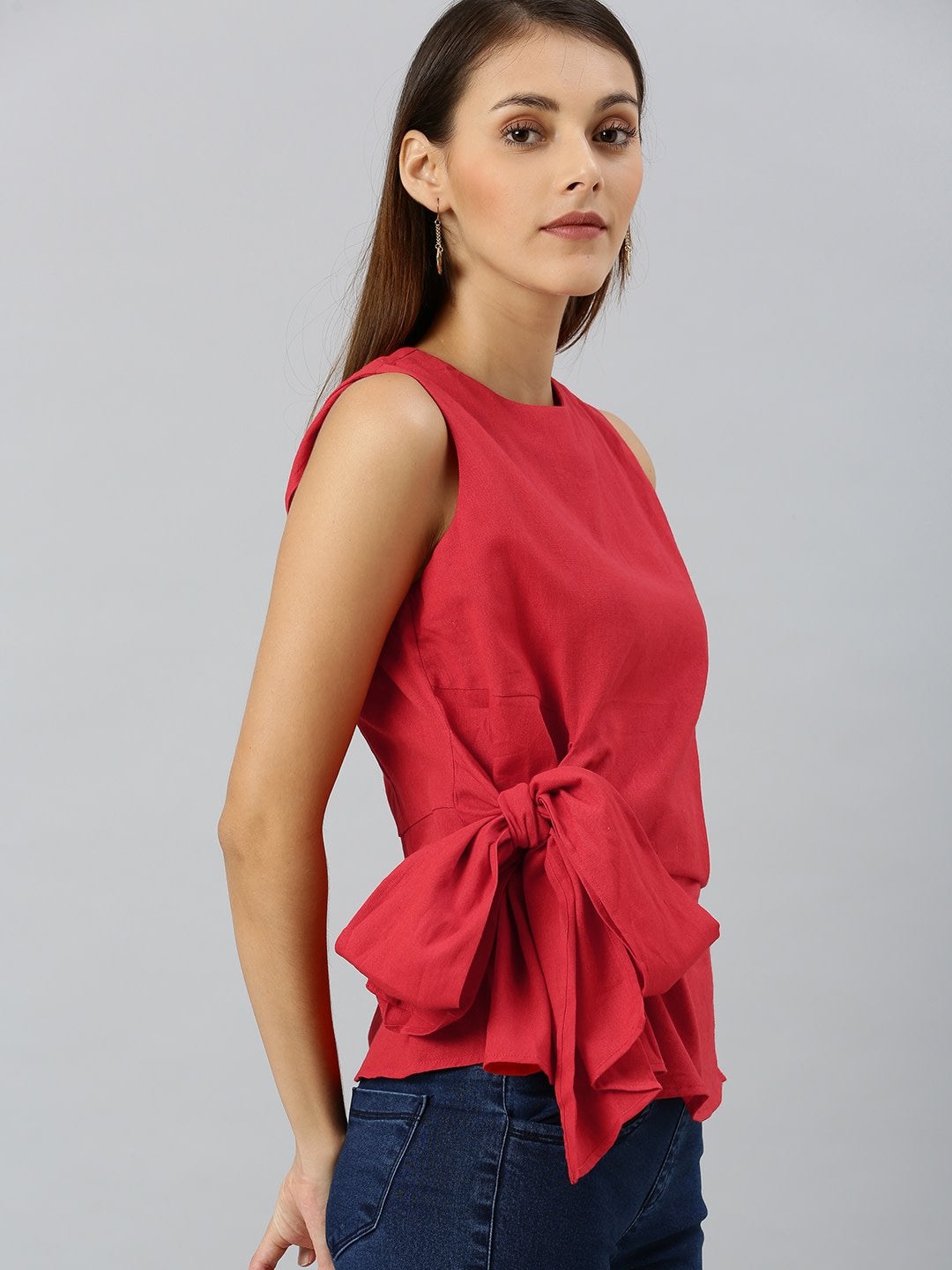 Women's Red Side Knot Sleeveless Top