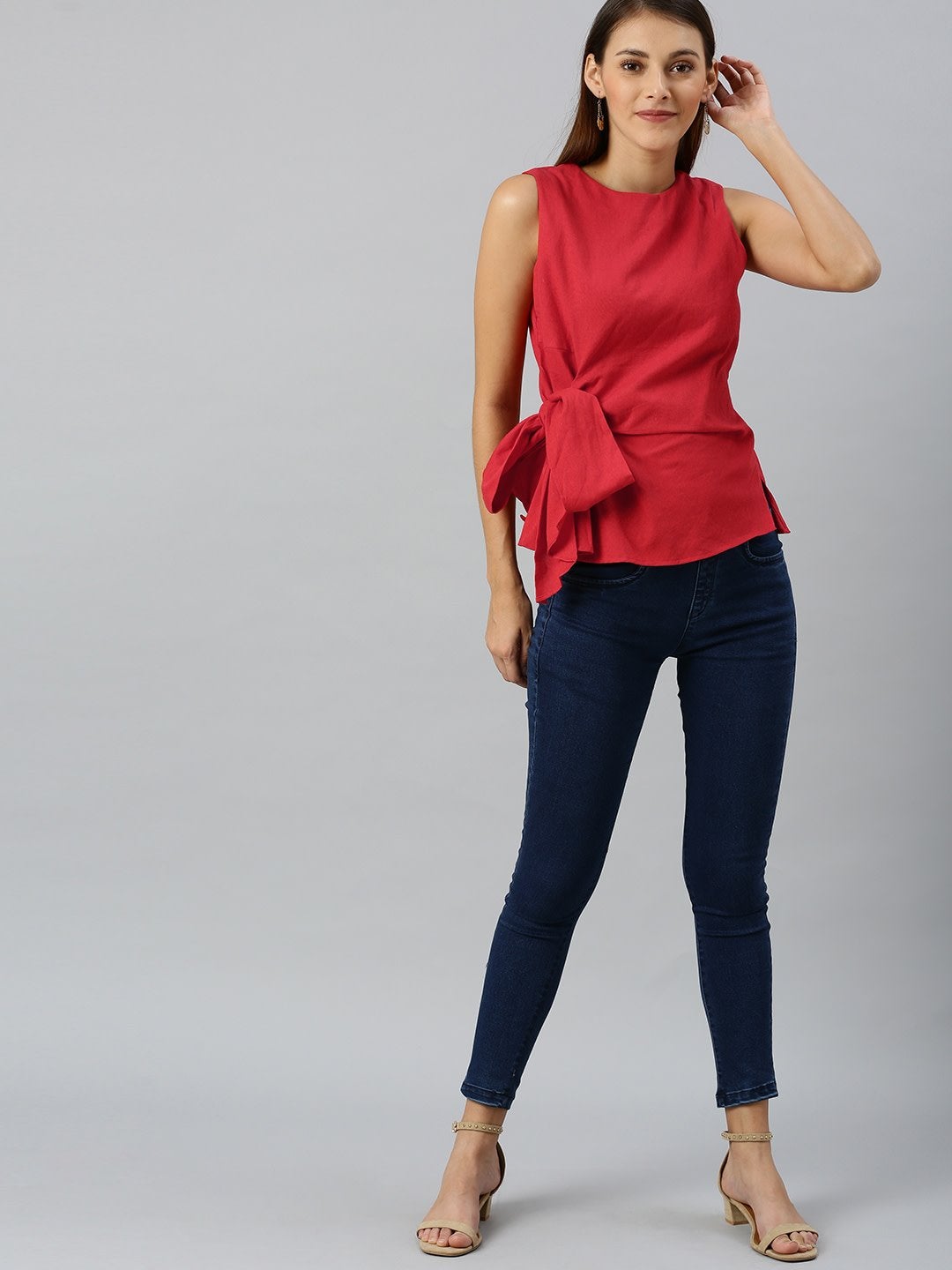 Women's Red Side Knot Sleeveless Top