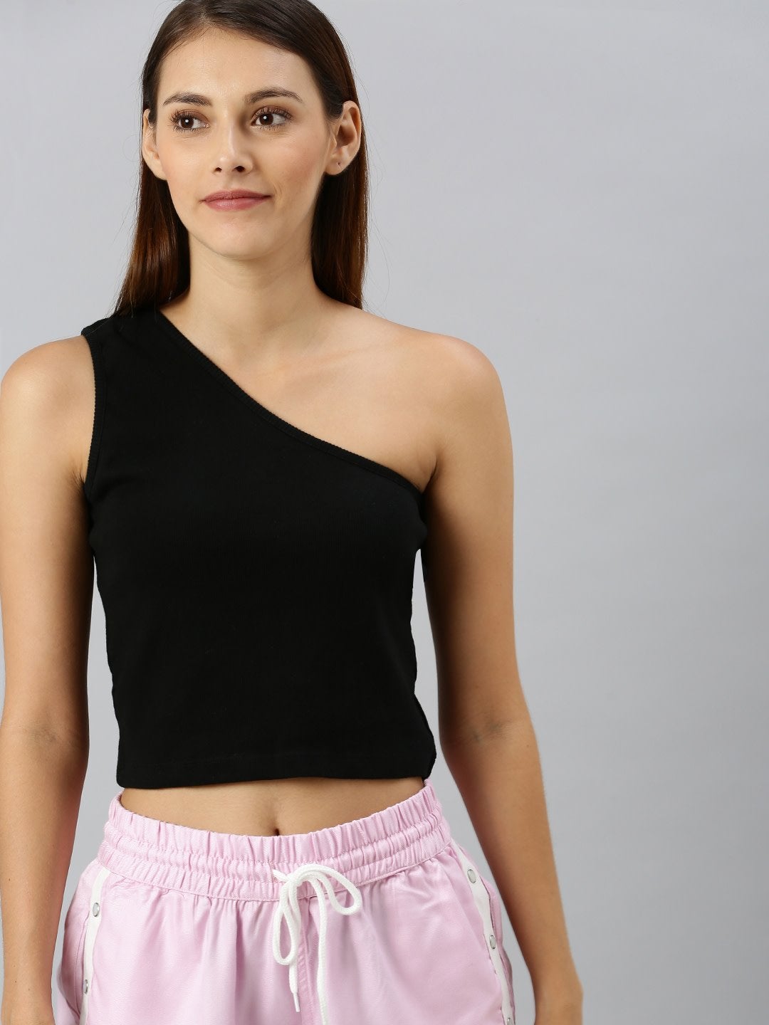 Women's Black One Shoulder Crop Top