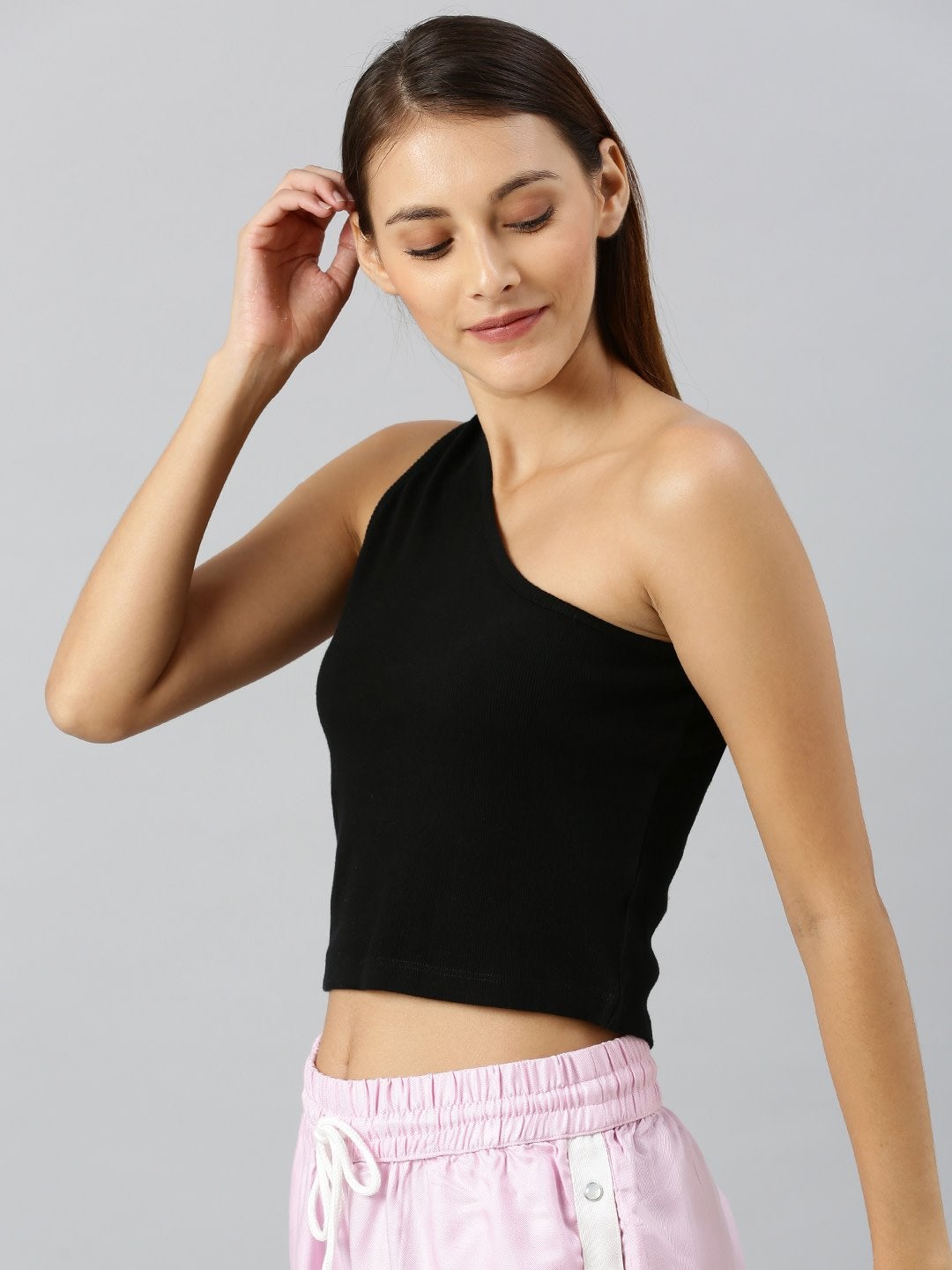 Women's Black One Shoulder Crop Top