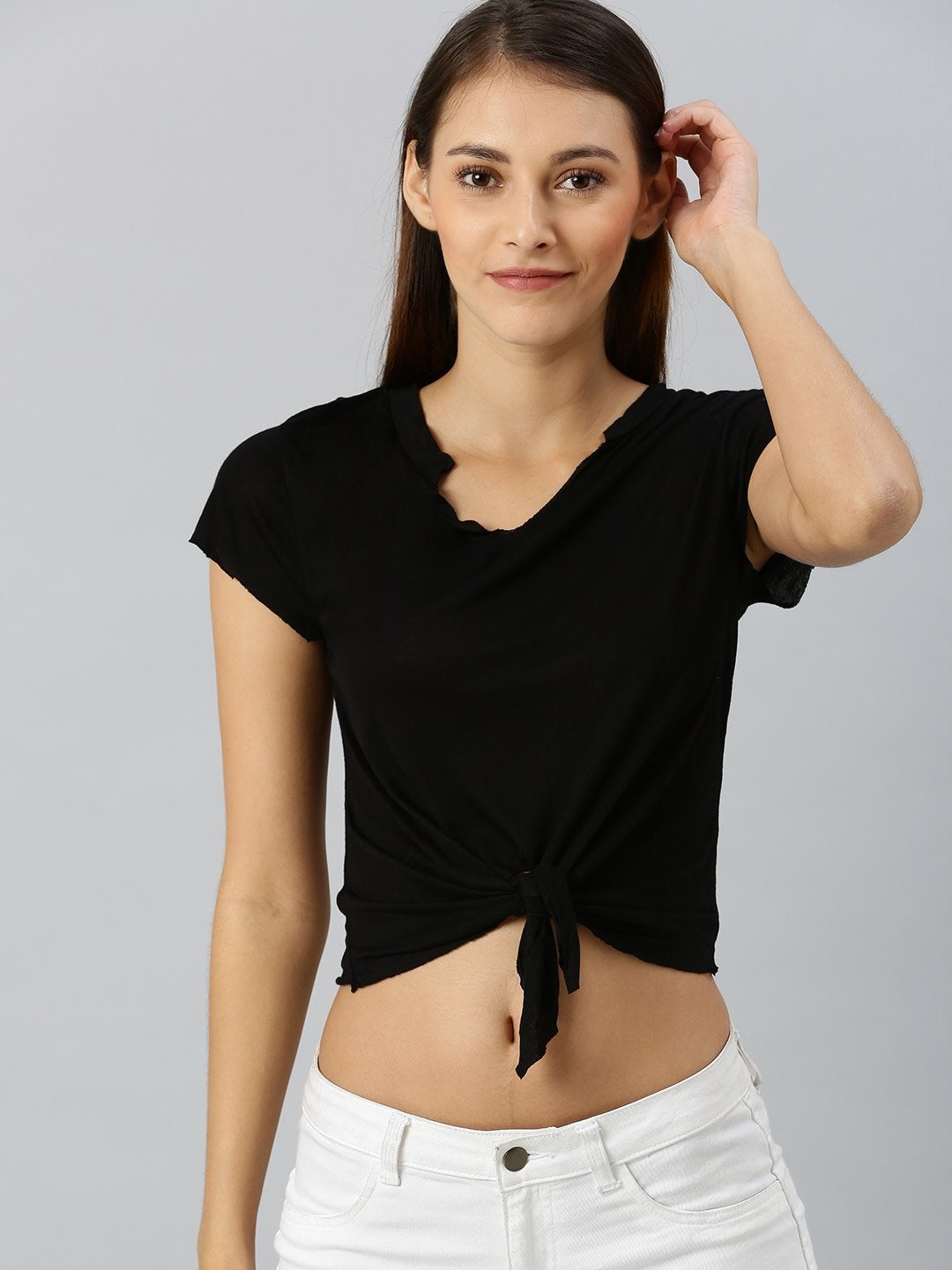 Women's Black Front Knot Crop Top