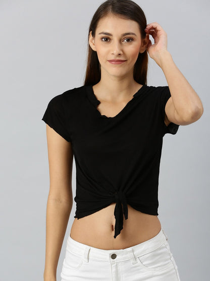 Women's Black Front Knot Crop Top
