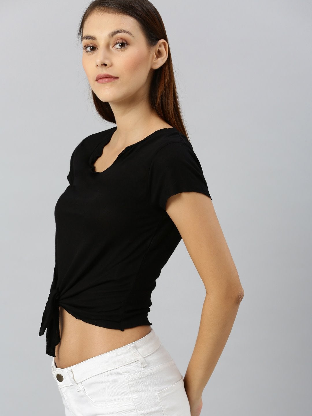 Women's Black Front Knot Crop Top