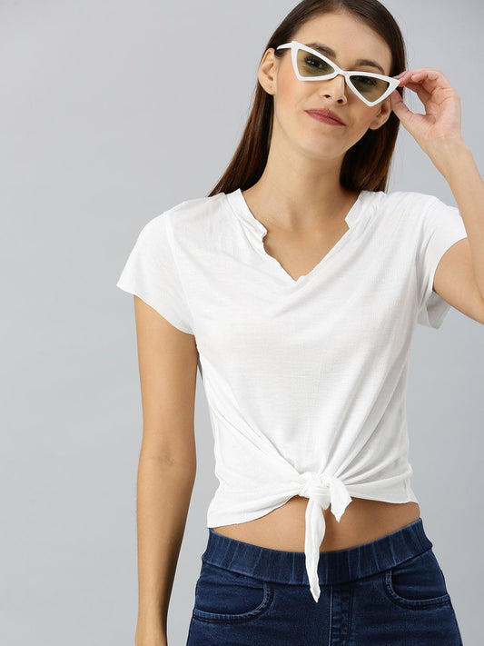 Women's White Front Knot Crop Top