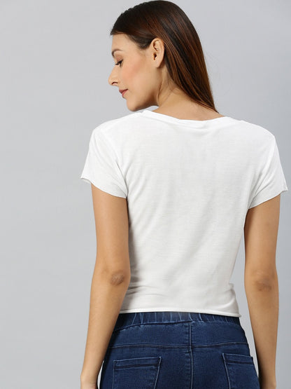Women's White Front Knot Crop Top