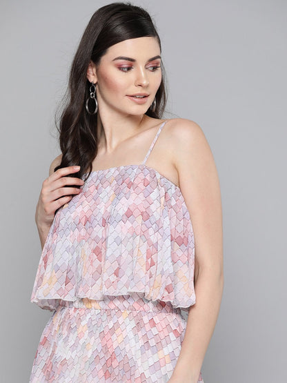 Women's Peach Tile Print Strappy Pleated Crop Top