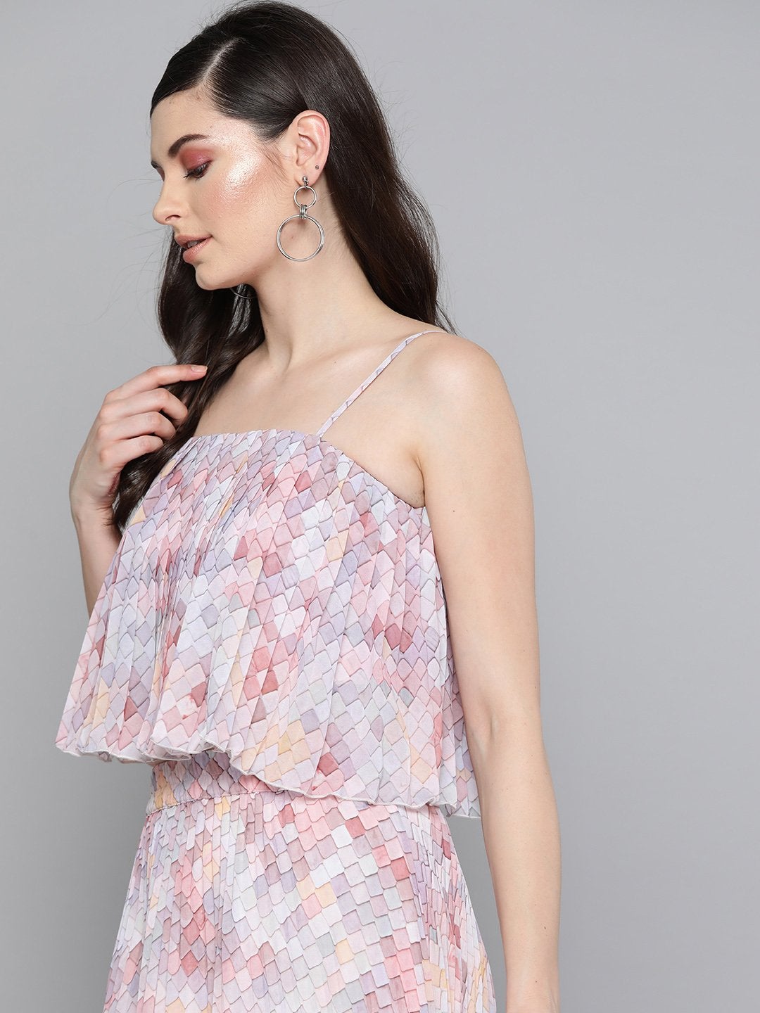Women's Peach Tile Print Strappy Pleated Crop Top
