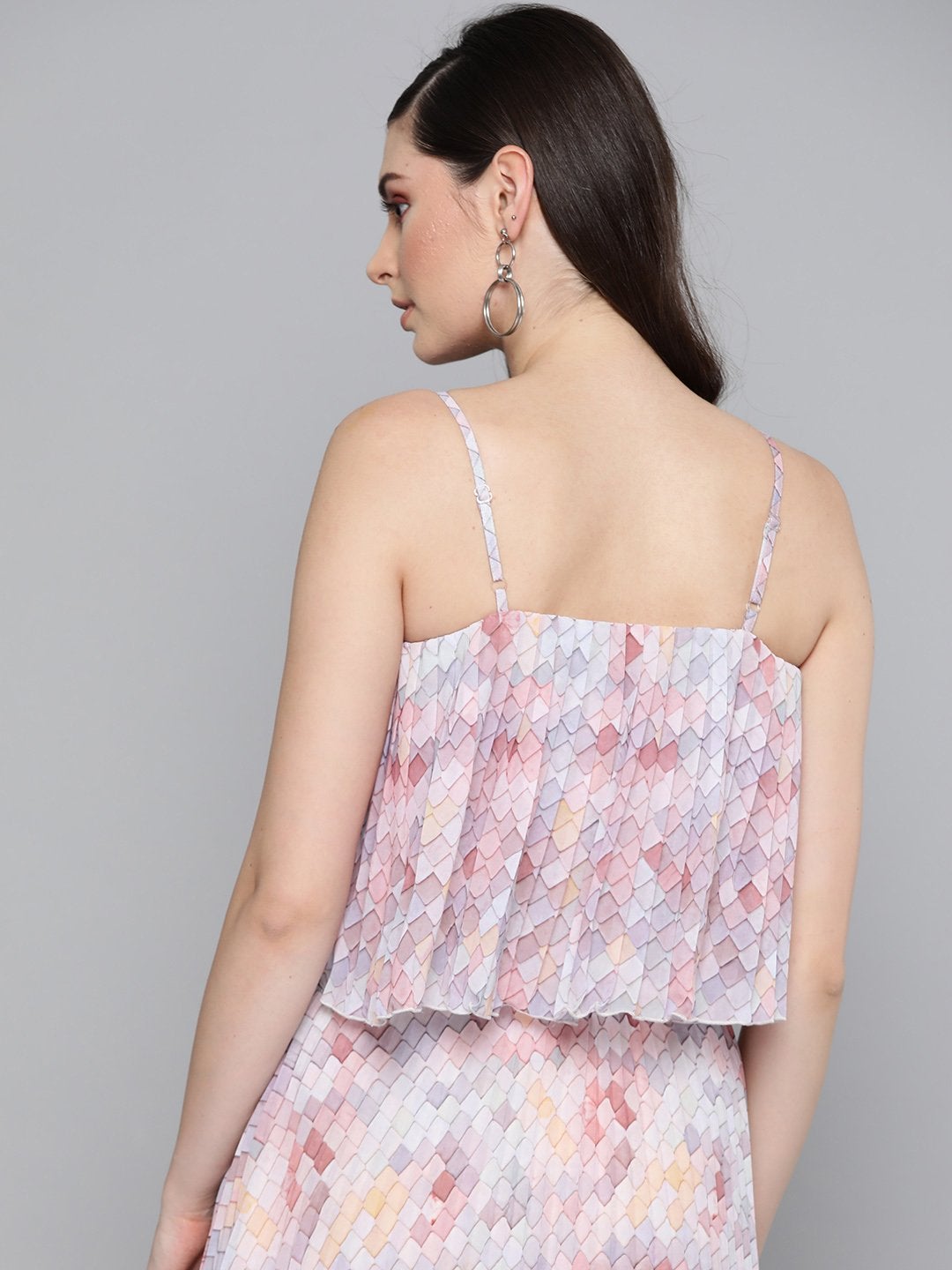 Women's Peach Tile Print Strappy Pleated Crop Top