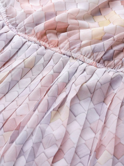Women's Peach Tile Print Strappy Pleated Crop Top