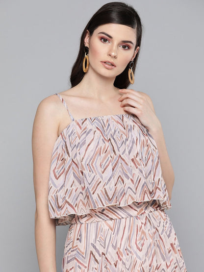 Women's Beige Geometric Print Strappy Pleated Crop Top