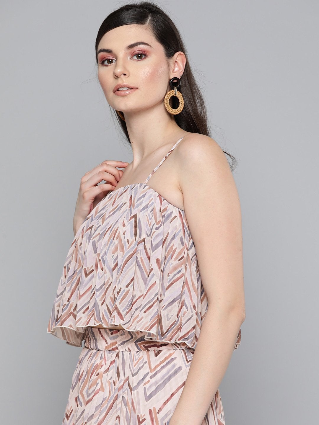 Women's Beige Geometric Print Strappy Pleated Crop Top