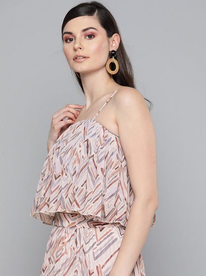 Women's Beige Geometric Print Strappy Pleated Crop Top