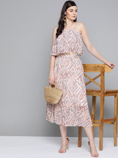 Women's Beige Geometric Print Strappy Pleated Crop Top