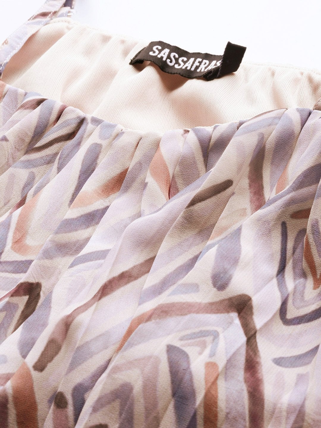 Women's Beige Geometric Print Strappy Pleated Crop Top
