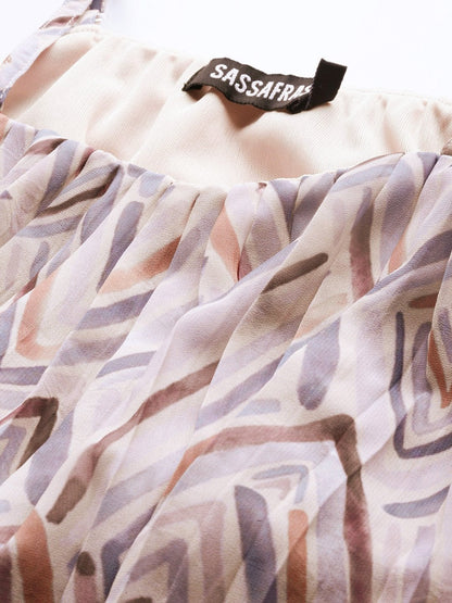 Women's Beige Geometric Print Strappy Pleated Crop Top