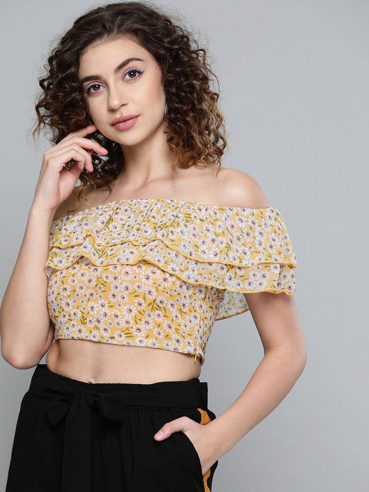 Women's Yellow Ditsy Floral Off Shoulder Crop Top