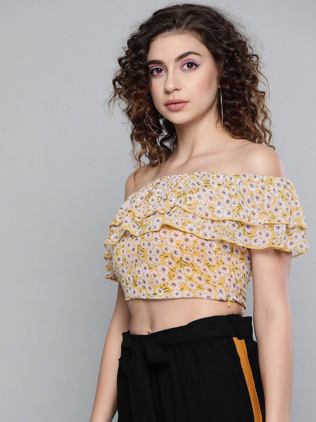 Women's Yellow Ditsy Floral Off Shoulder Crop Top