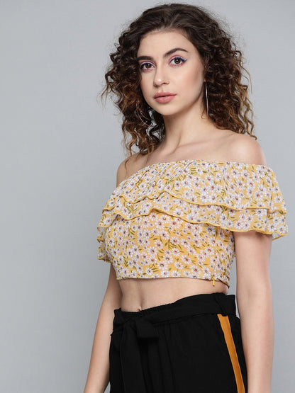 Women's Yellow Ditsy Floral Off Shoulder Crop Top
