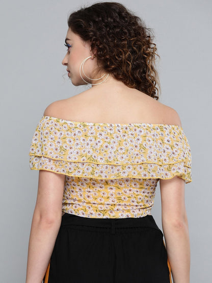 Women's Yellow Ditsy Floral Off Shoulder Crop Top