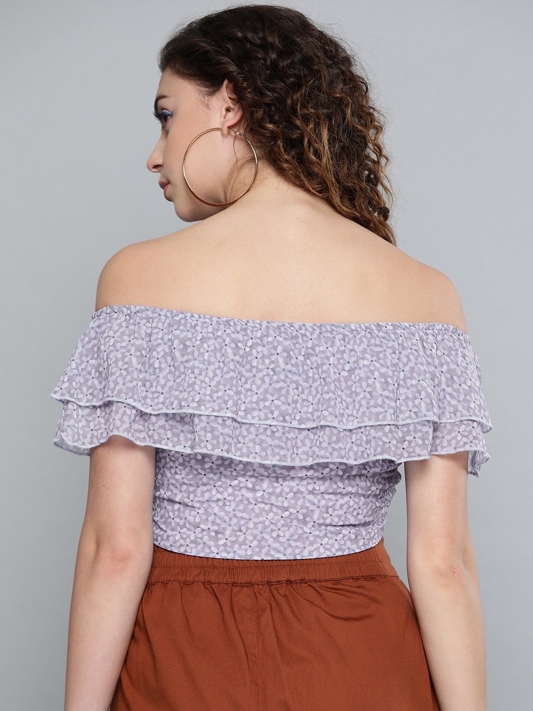 Women's Lavender Ditsy Floral Off Shoulder Crop Top