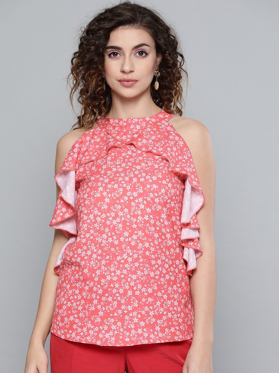 Women's Red Ditsy Floral Frilly Halter Top