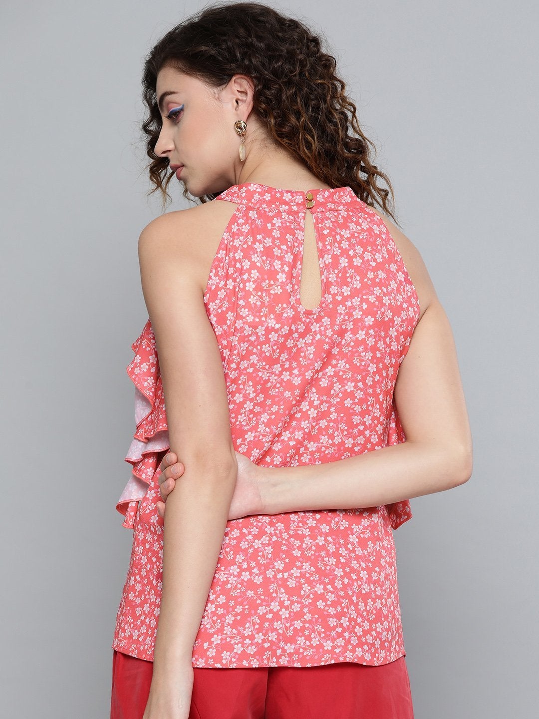 Women's Red Ditsy Floral Frilly Halter Top