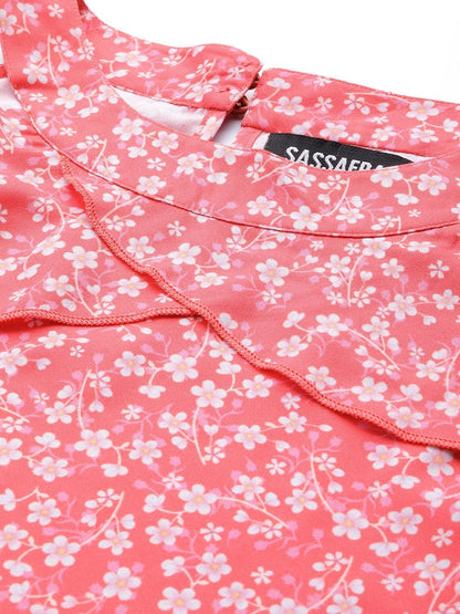 Women's Red Ditsy Floral Frilly Halter Top