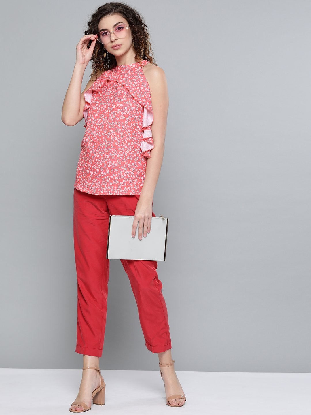 Women's Red Ditsy Floral Frilly Halter Top