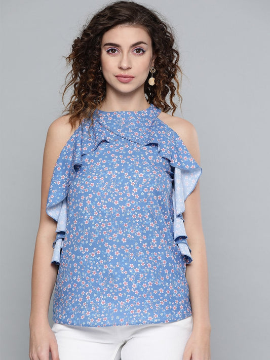 Women's Blue Ditsy Floral Frilly Halter Top