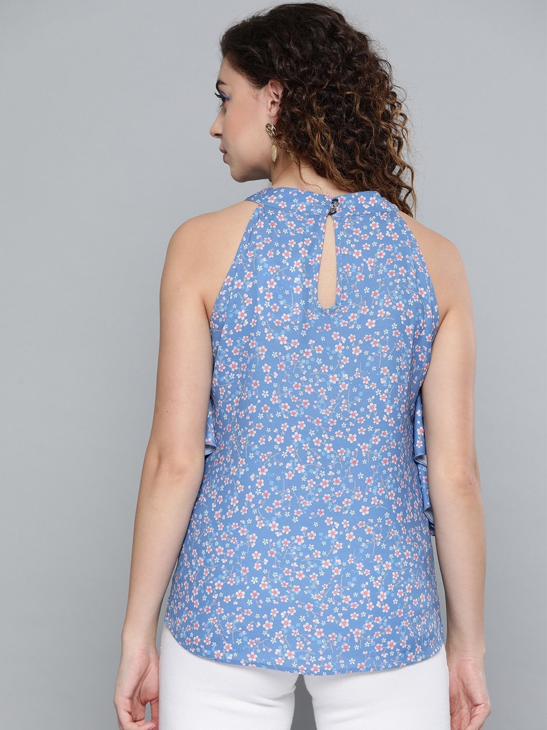 Women's Blue Ditsy Floral Frilly Halter Top