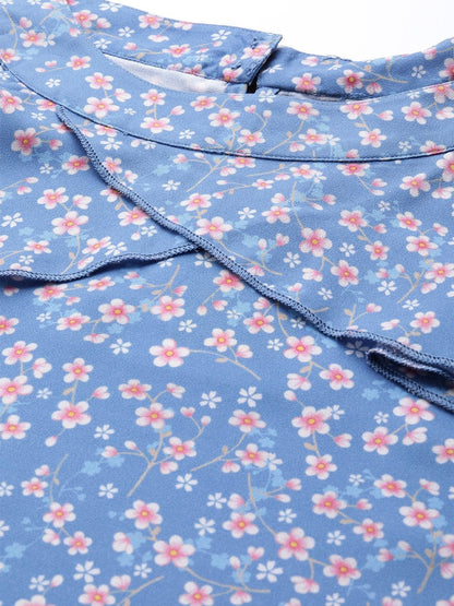 Women's Blue Ditsy Floral Frilly Halter Top
