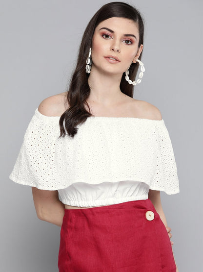 Women's White Schiffli Off Shoulder Crop Top