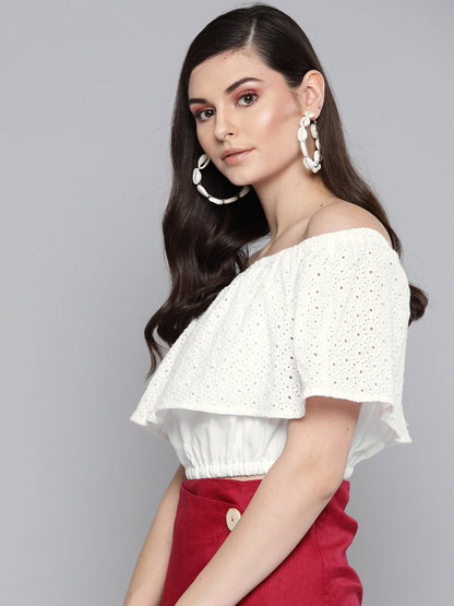 Women's White Schiffli Off Shoulder Crop Top