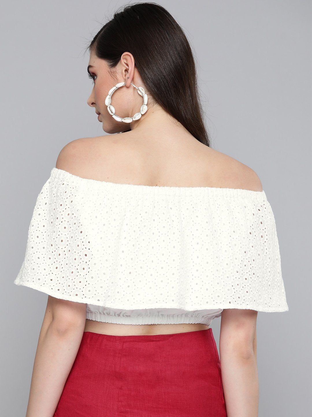 Women's White Schiffli Off Shoulder Crop Top